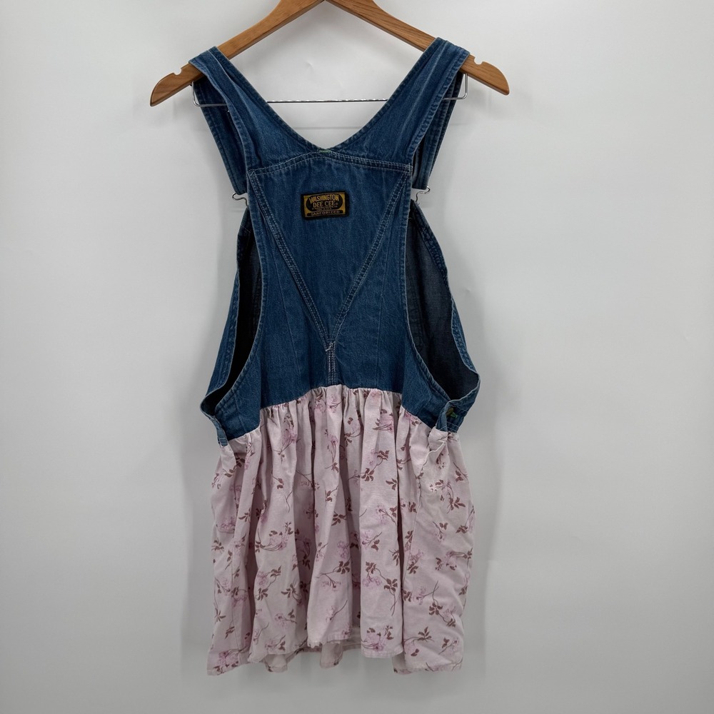 Vintage Washington Dee Cee Upcycled Denim Overall Dress Pink Floral Measurements - Picture 3 of 13